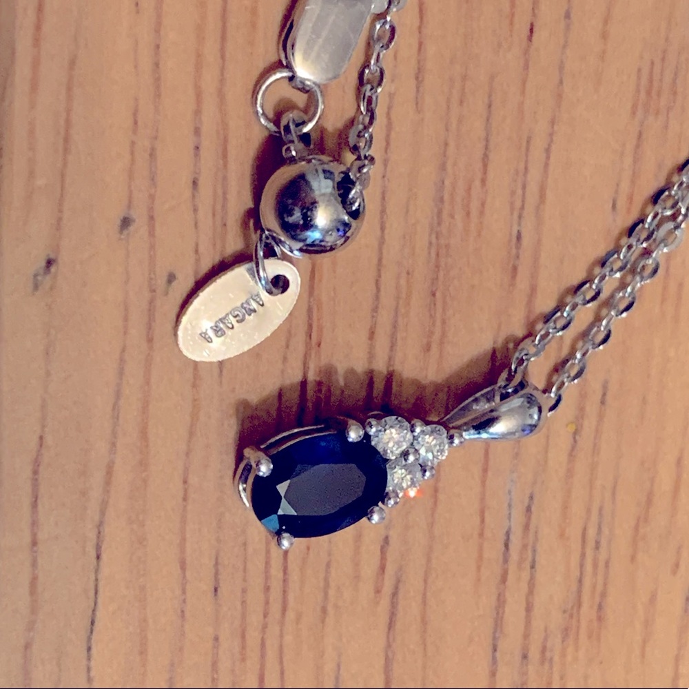 Gorgeous Angara 14 Karat White-Gold, Blue Sapphire Necklace w/Trio Diamonds